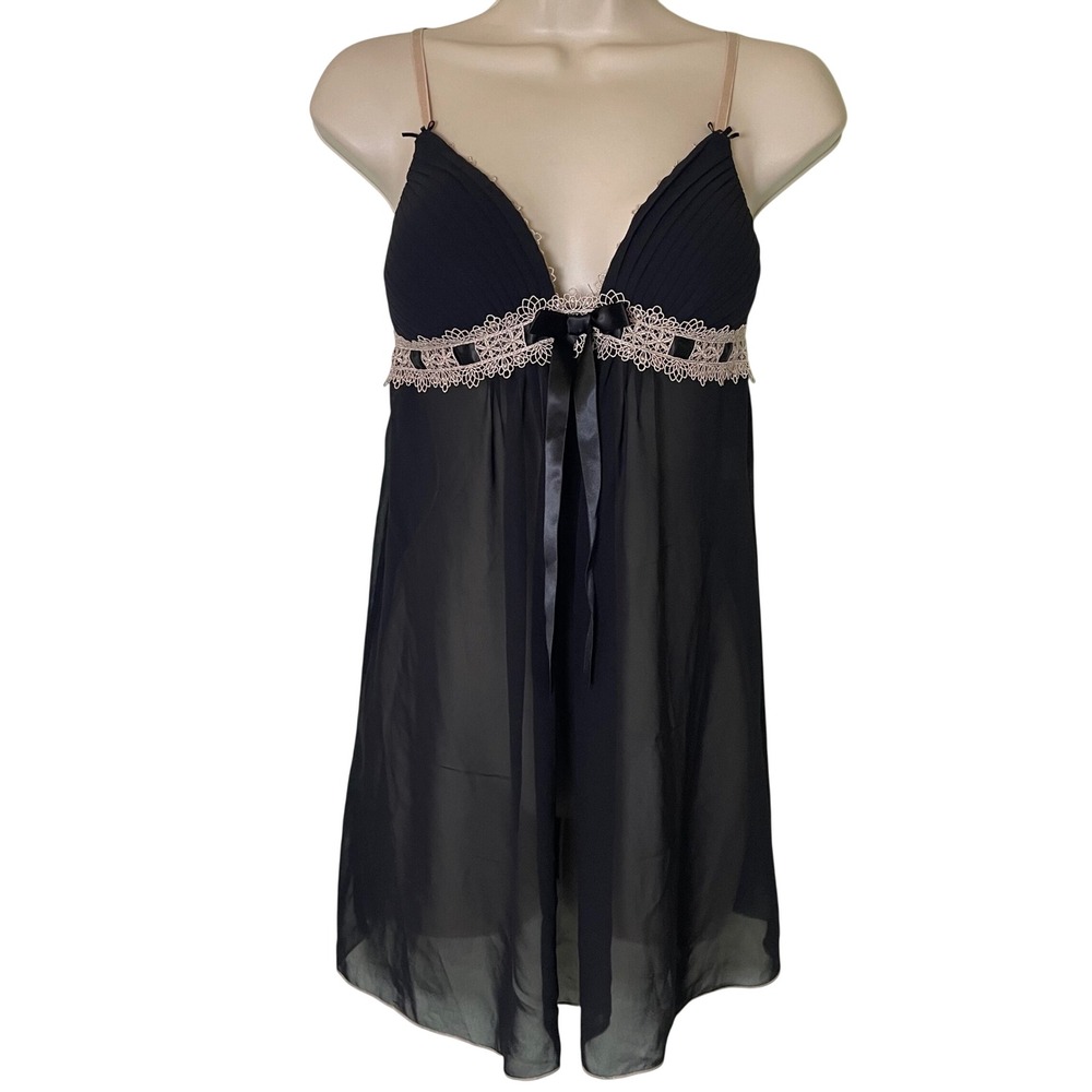 Linea Donatella Black Lace Trim Babydoll Chemise Size Small Sheer Romantic